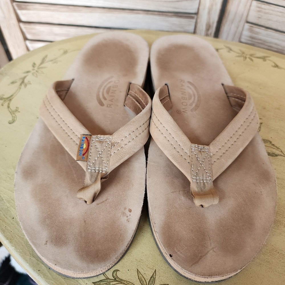 Rainbow Large Tan Leather Double Layer Luxury Sandals Flip Flops US 9.5-10.5